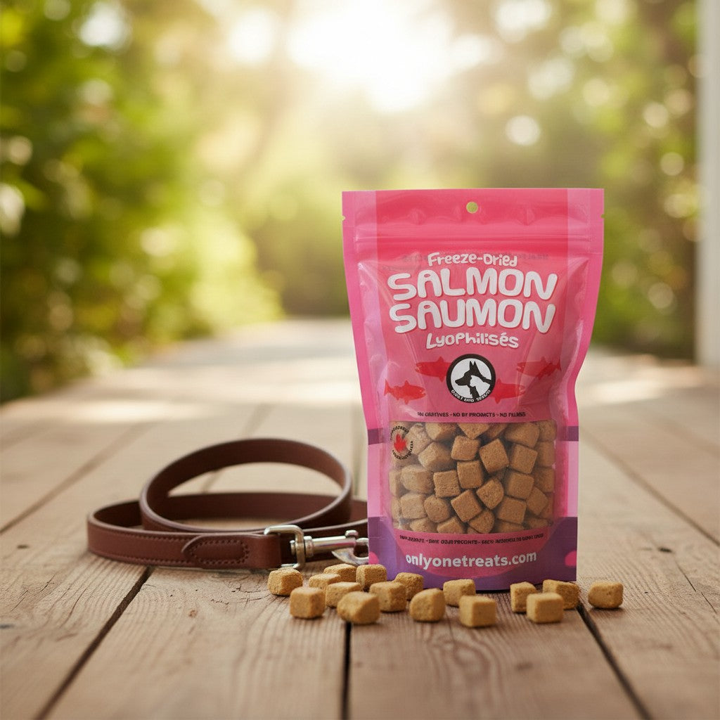Oh Canada Gifts freeze-dried salmon pet treats in a pink bag with small salmon cubes on a wooden surface.
