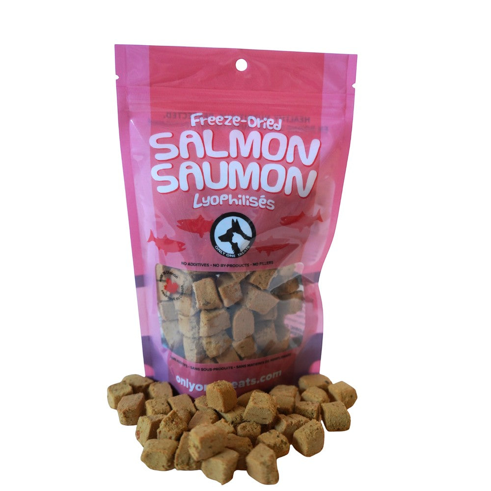 Oh Canada Gifts freeze-dried salmon treats for dogs and cats in a pink 43g bag with small cubed salmon pieces.