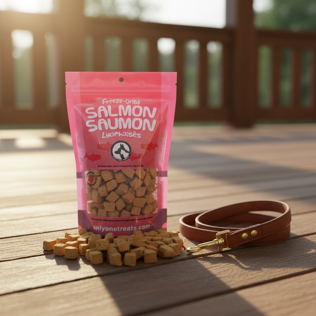 Oh Canada Gifts freeze-dried salmon pet treats in a pink bag on a wooden deck with a brown leather leash.