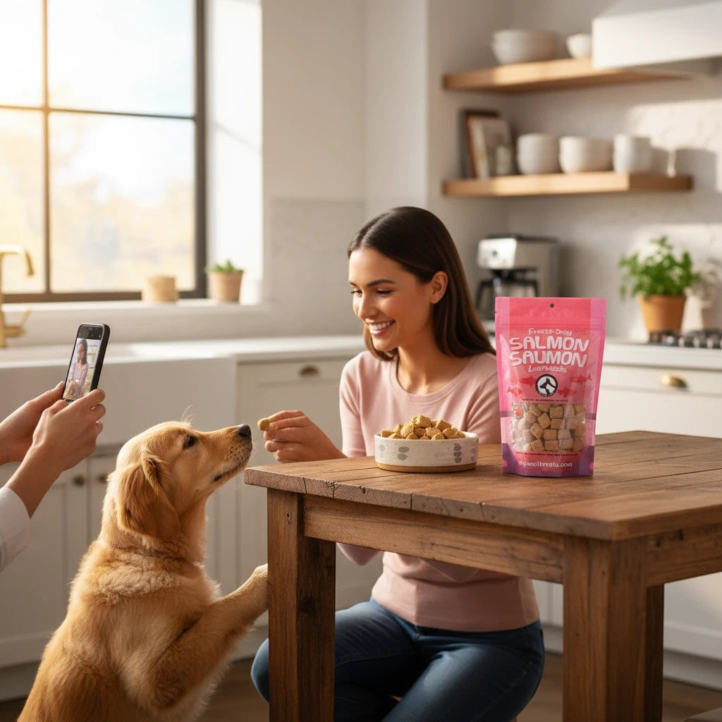 Oh Canada Gifts freeze-dried salmon treats in a pink bag being fed to a golden retriever in a bright kitchen