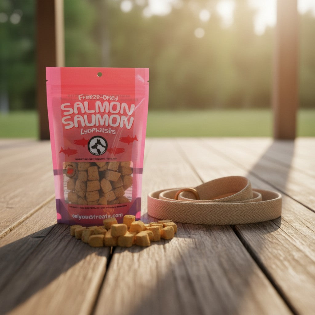Oh Canada Gifts freeze-dried salmon pet treats in a pink bag with a beige leash on a wooden deck.