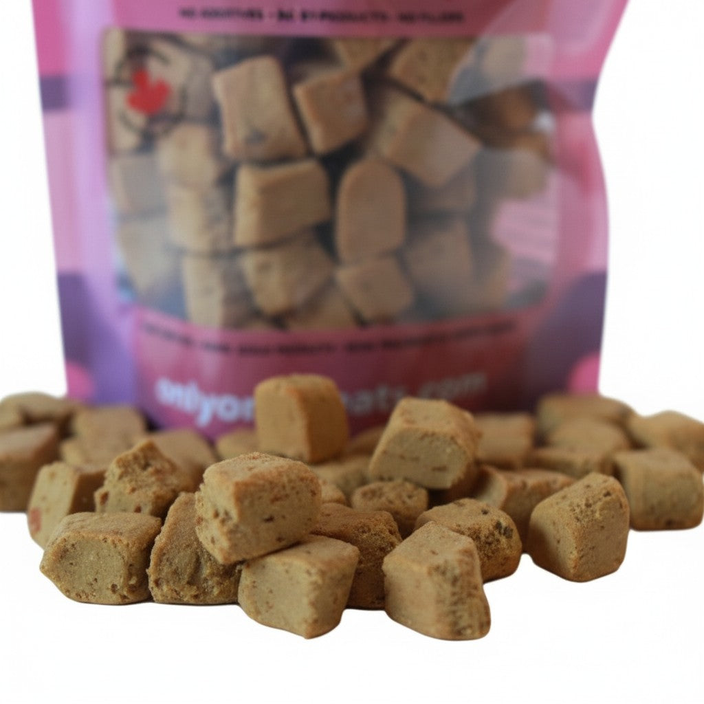 Oh Canada Gifts freeze-dried salmon treats for dogs and cats in a pink pouch with small cubed pieces in the foreground.