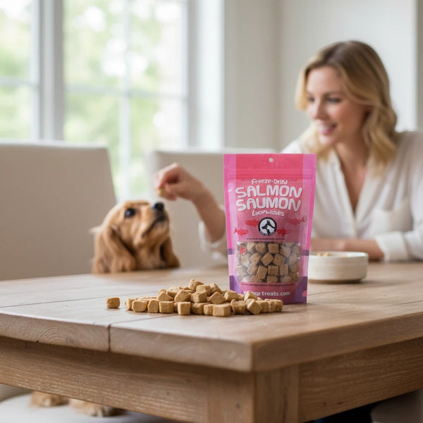 Oh Canada Gifts freeze-dried salmon dog and cat treats in a pink bag on a wooden table with a pet and owner
