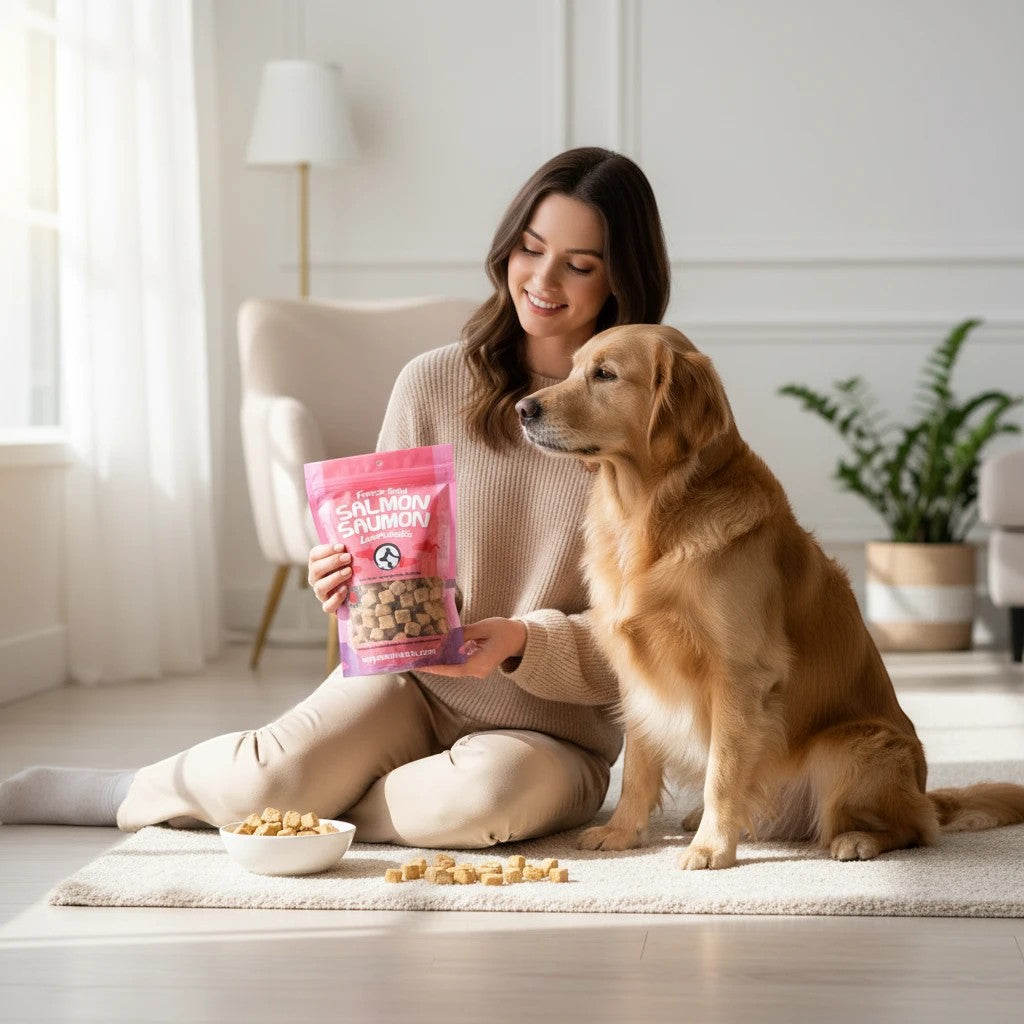 Oh Canada Gifts freeze-dried salmon treat bag held by a woman sitting on a rug with her golden retriever dog