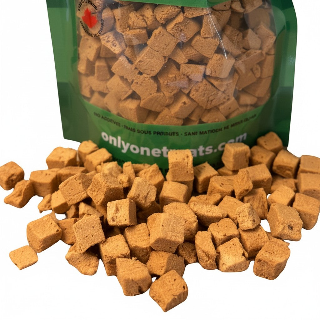 Oh Canada Gifts freeze-dried turkey treats for dogs and cats in a green bag with small cubed pieces