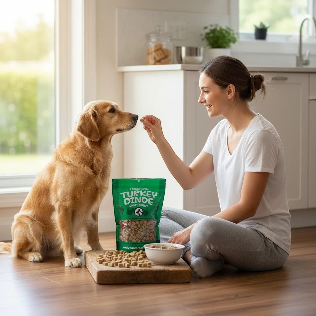 Oh Canada Gifts freeze-dried turkey pet treat bag with a woman feeding her golden retriever in a bright kitchen