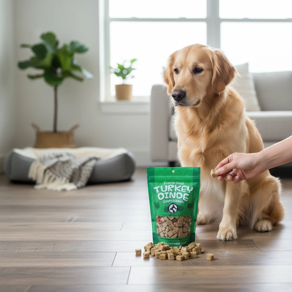 Oh Canada Gifts freeze-dried turkey pet treats in a green bag with a golden retriever waiting for a reward