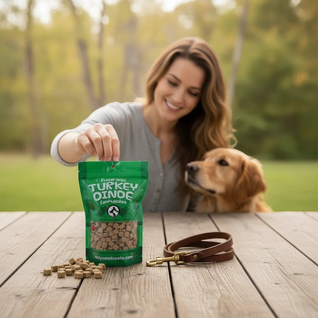 Oh Canada Gifts freeze-dried turkey pet treats in a green bulk bag on a wooden table with a woman and golden retriever