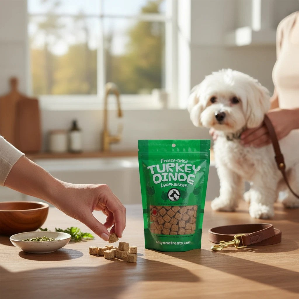 Oh Canada Gifts freeze-dried turkey pet treats in a green bag on a kitchen counter with a small white dog nearby.