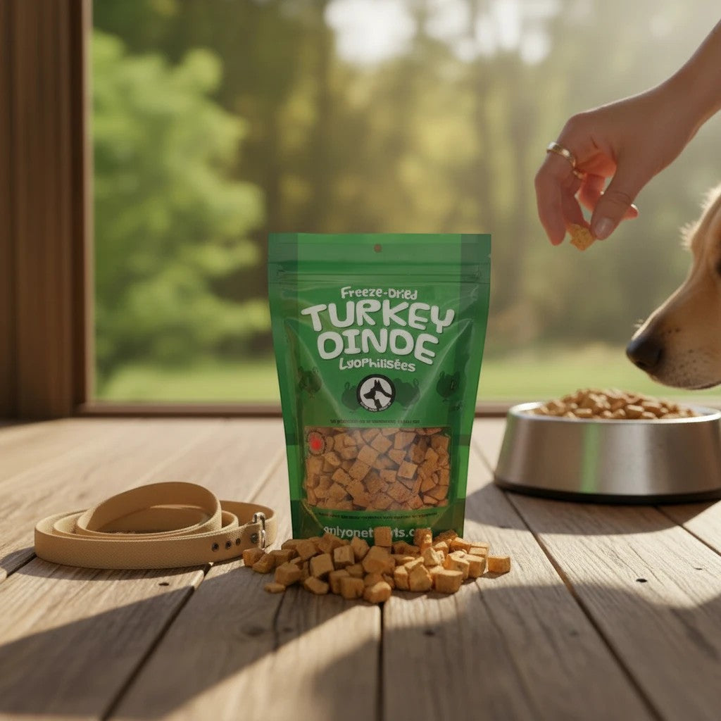 Oh Canada Gifts freeze-dried turkey pet treats in a green bag on a wooden floor with a dog waiting for a snack