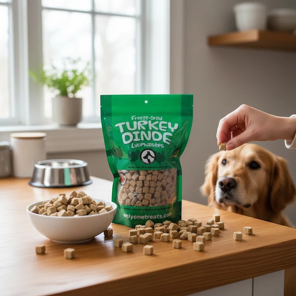 Oh Canada Gifts freeze-dried turkey pet treats in a green bulk bag on a wooden table with a dog waiting for a snack.