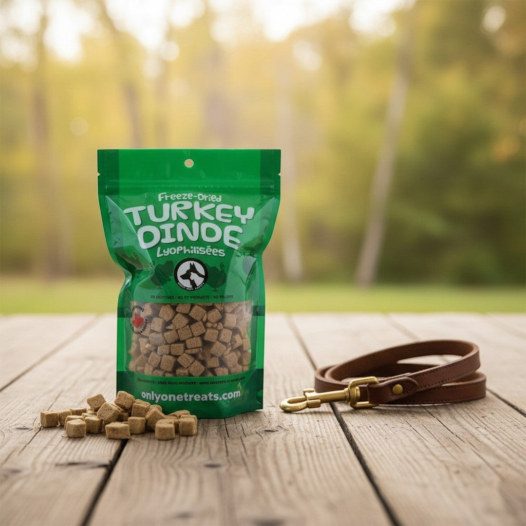 Oh Canada Gifts freeze-dried turkey pet treat bag with small meat cubes on a wooden table next to a leather leash.