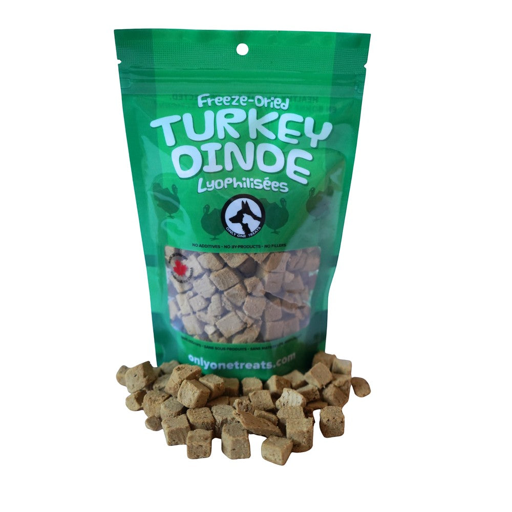 Oh Canada Gifts freeze-dried turkey pet treats in a green bag with small, cubed pieces of real turkey meat.