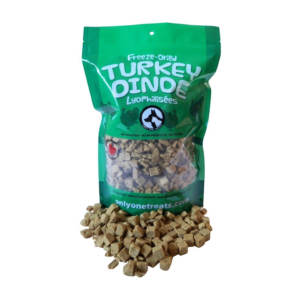 Oh Canada Gifts freeze-dried turkey pet treats in a green bulk bag with small meat cubes spilled in front