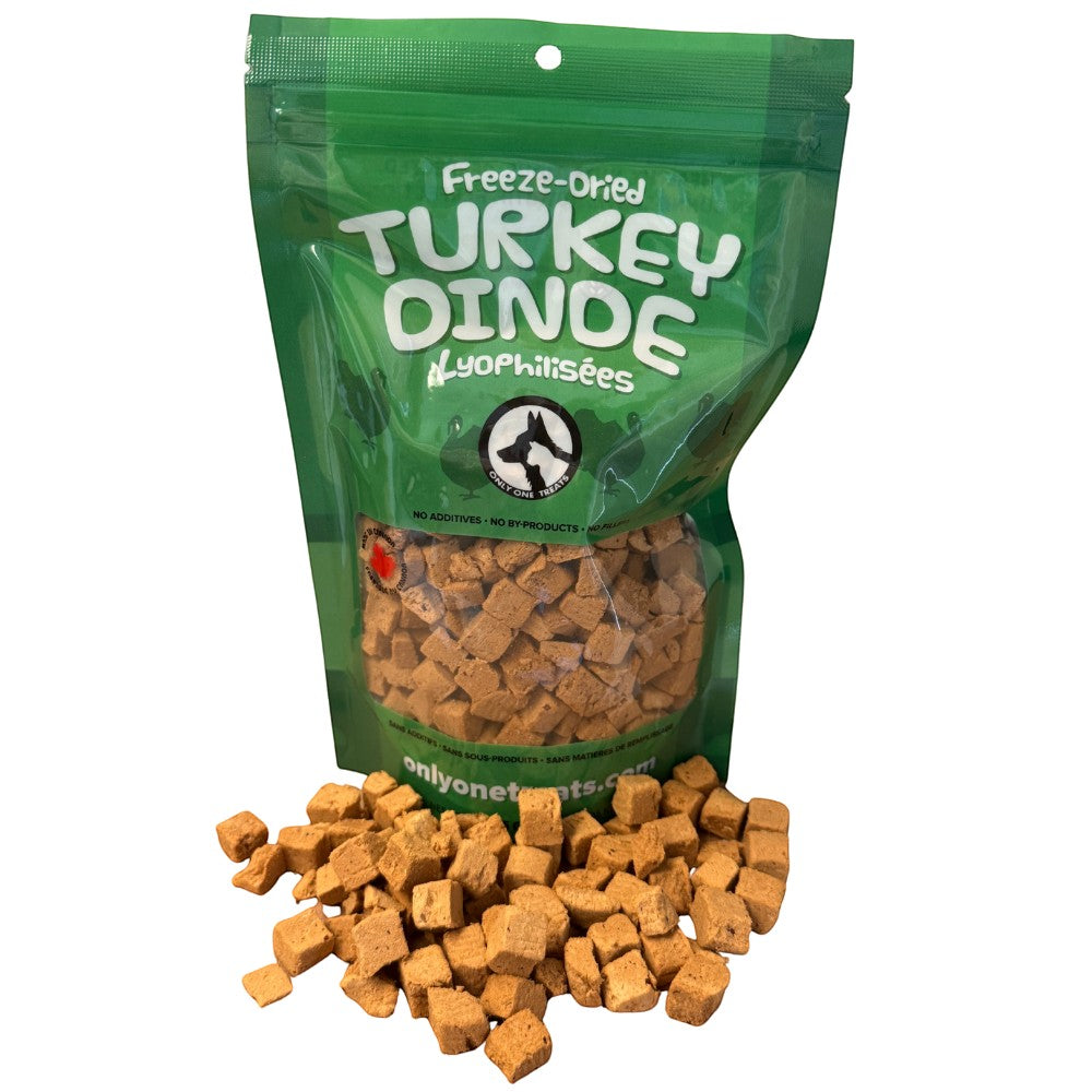 Oh Canada Gifts freeze-dried turkey pet treats in a green resealable bag with bite-sized pieces on a white background