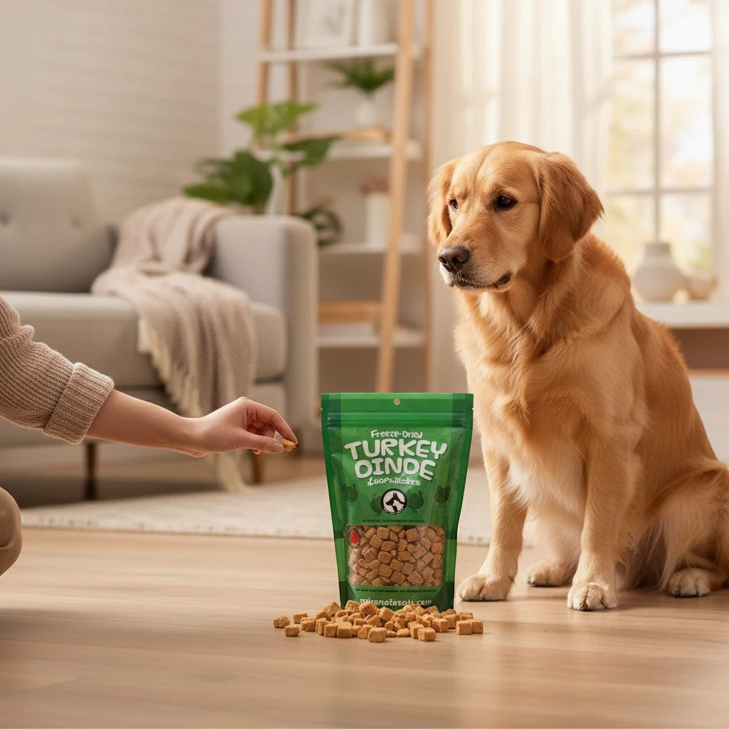 Oh Canada Gifts freeze-dried turkey pet treats in a green bag with a golden retriever waiting for a snack