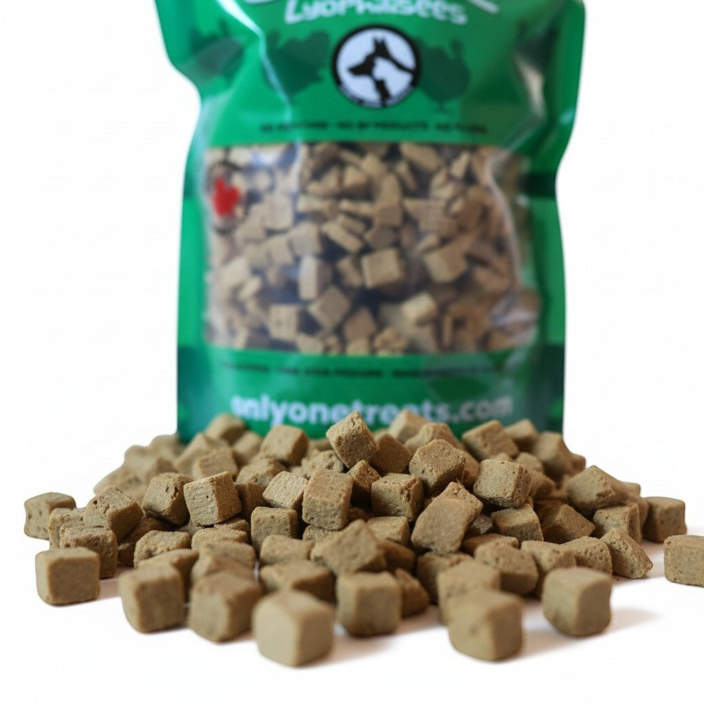 Oh Canada Gifts freeze-dried turkey pet treat cubes in a green bulk bag for dogs and cats
