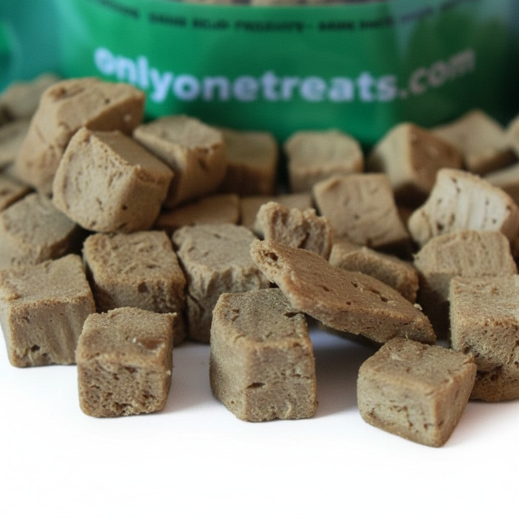 Oh Canada Gifts freeze-dried turkey pet treat cubes in a green bag for dogs and cats