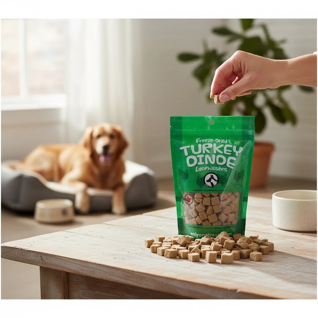 Oh Canada Gifts freeze-dried turkey pet treats in a green bag on a wooden table with a dog in the background