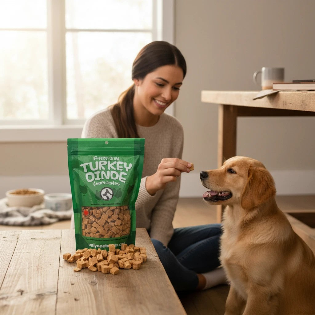 Oh Canada Gifts freeze-dried turkey dog treats in a green bag with a woman feeding a golden retriever at a table