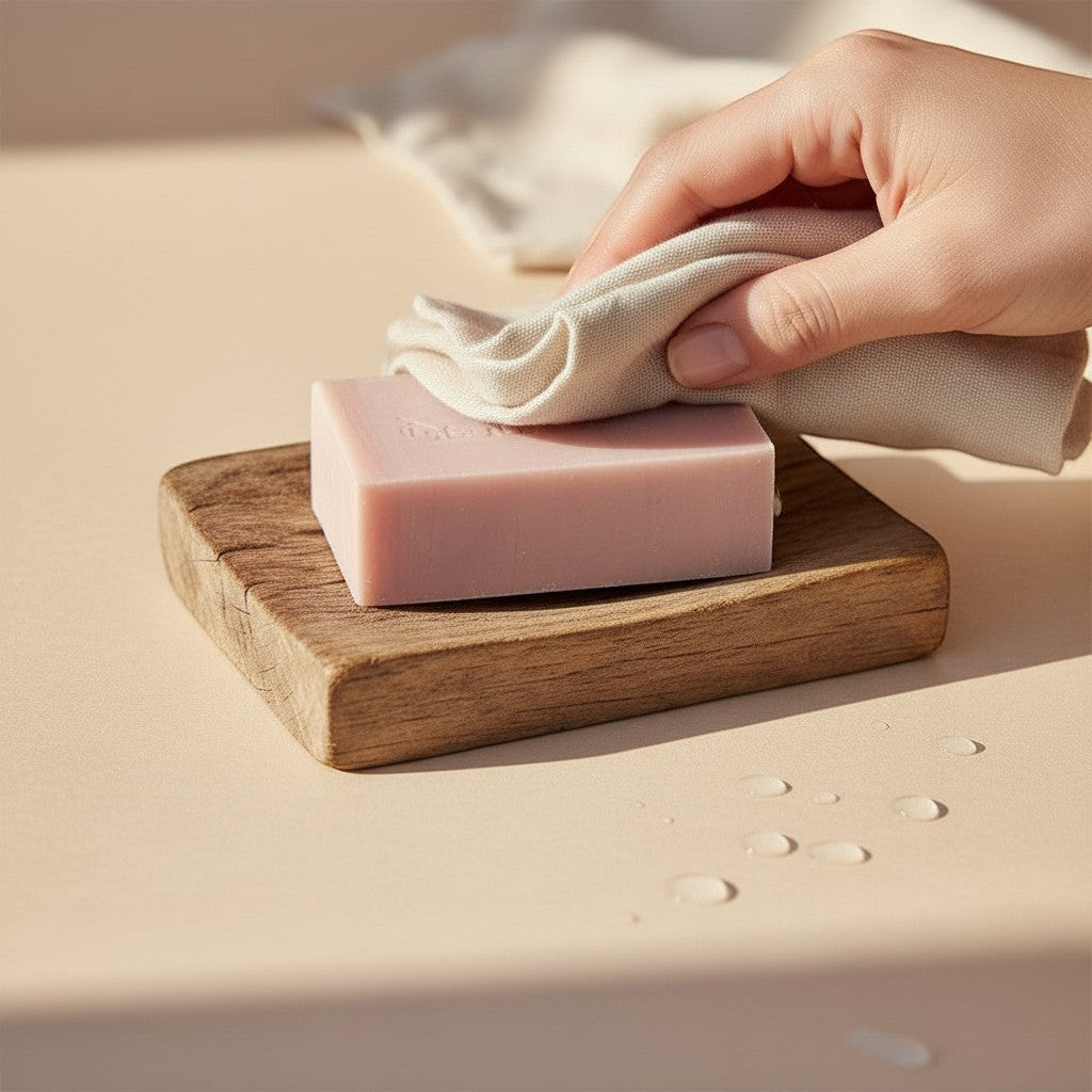 Oh Canada Gifts Fruity Floral Fiesta handmade soap bar being used with a washcloth on a rustic wooden soap dish