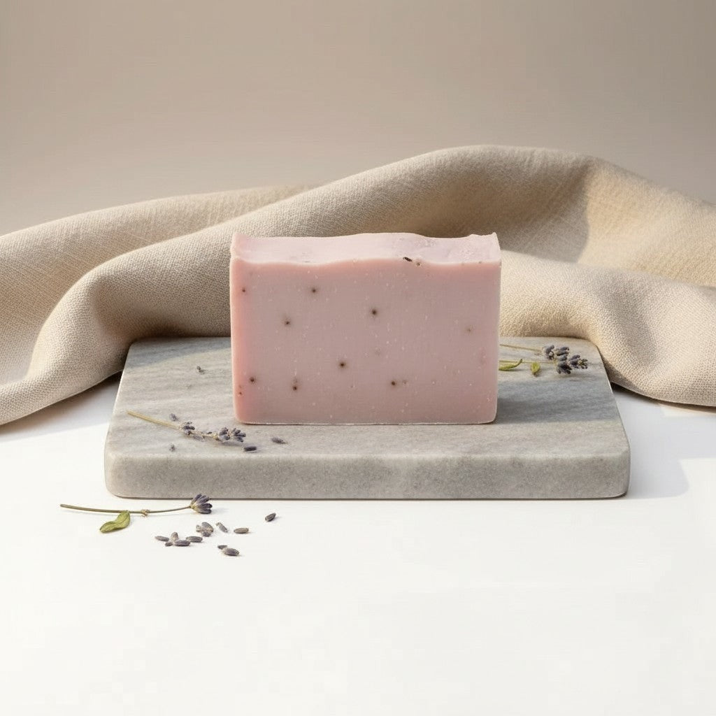 Oh Canada Gifts handmade Fruity Floral Fiesta soap bar in light pink with lavender buds on a marble soap dish.