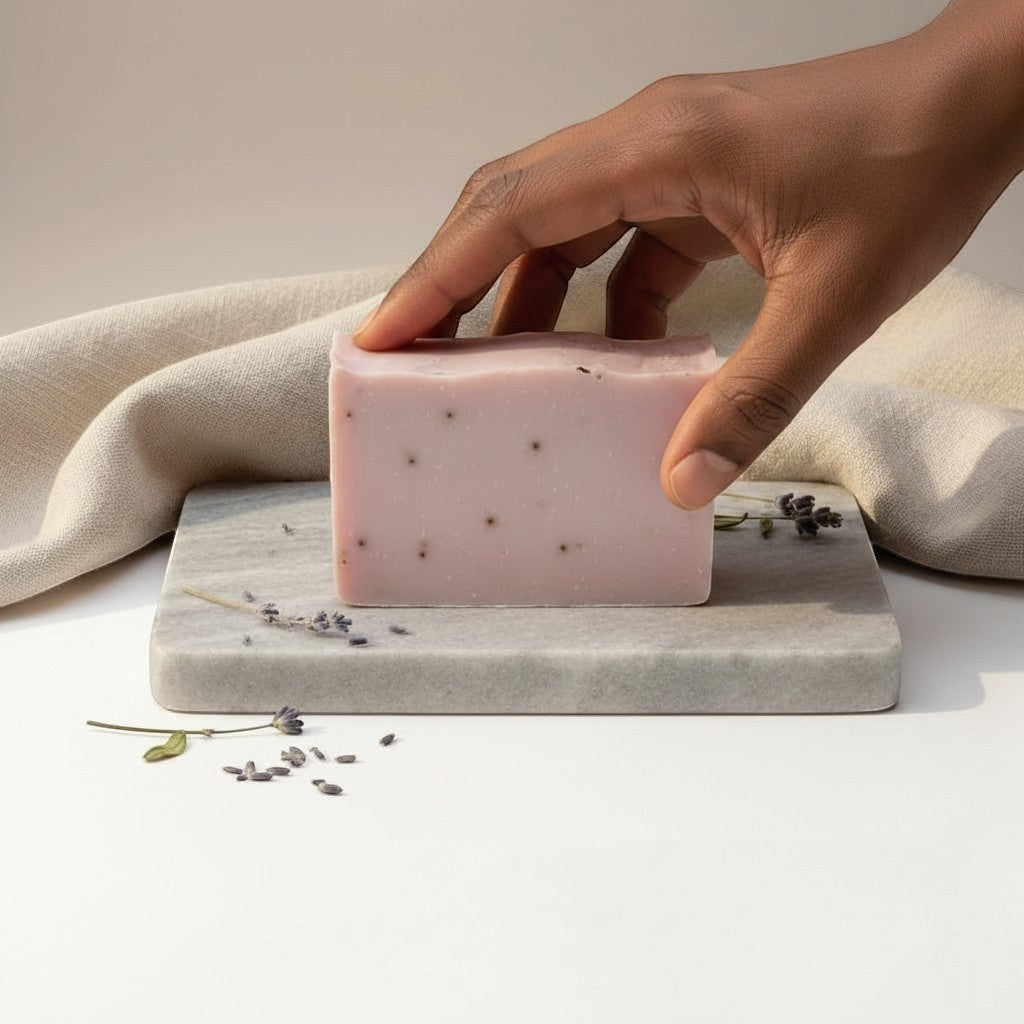 Oh Canada Gifts handmade Fruity Floral Fiesta soap bar in light pink with botanical bits on a marble soap dish.