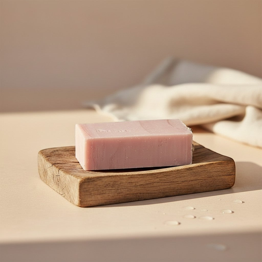 Oh Canada Gifts handcrafted Fruity Floral Fiesta soap bar in soft pink on a rustic wooden soap dish