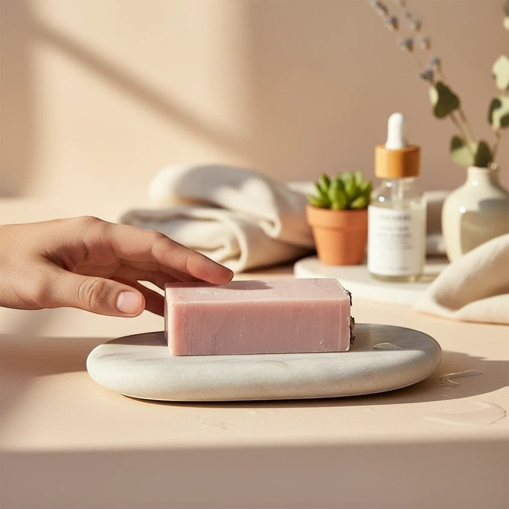 Oh Canada Gifts Fruity Floral Fiesta handmade soap bar on a stone dish with a hand reaching towards it.