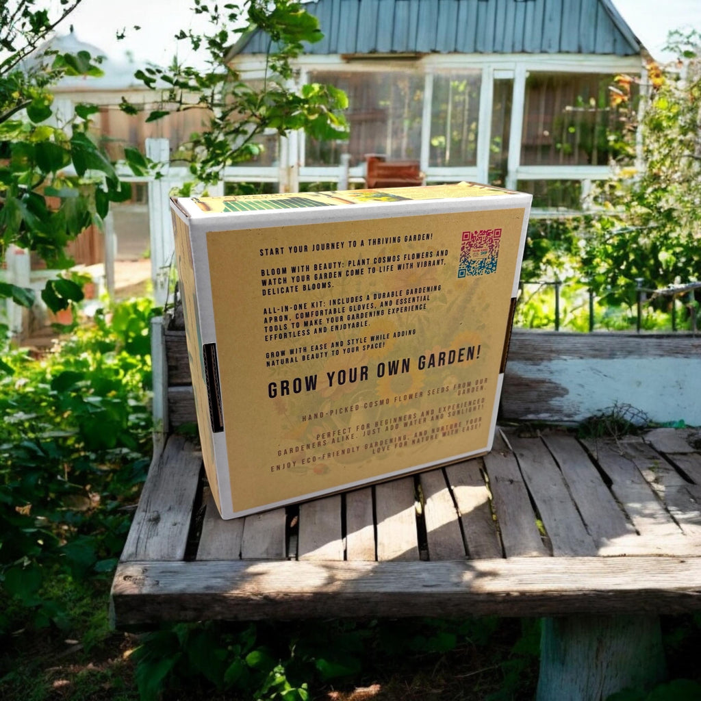 Oh Canada Gifts Spring Garden Starter Kit box sitting on a rustic wooden bench in a sunny garden setting.
