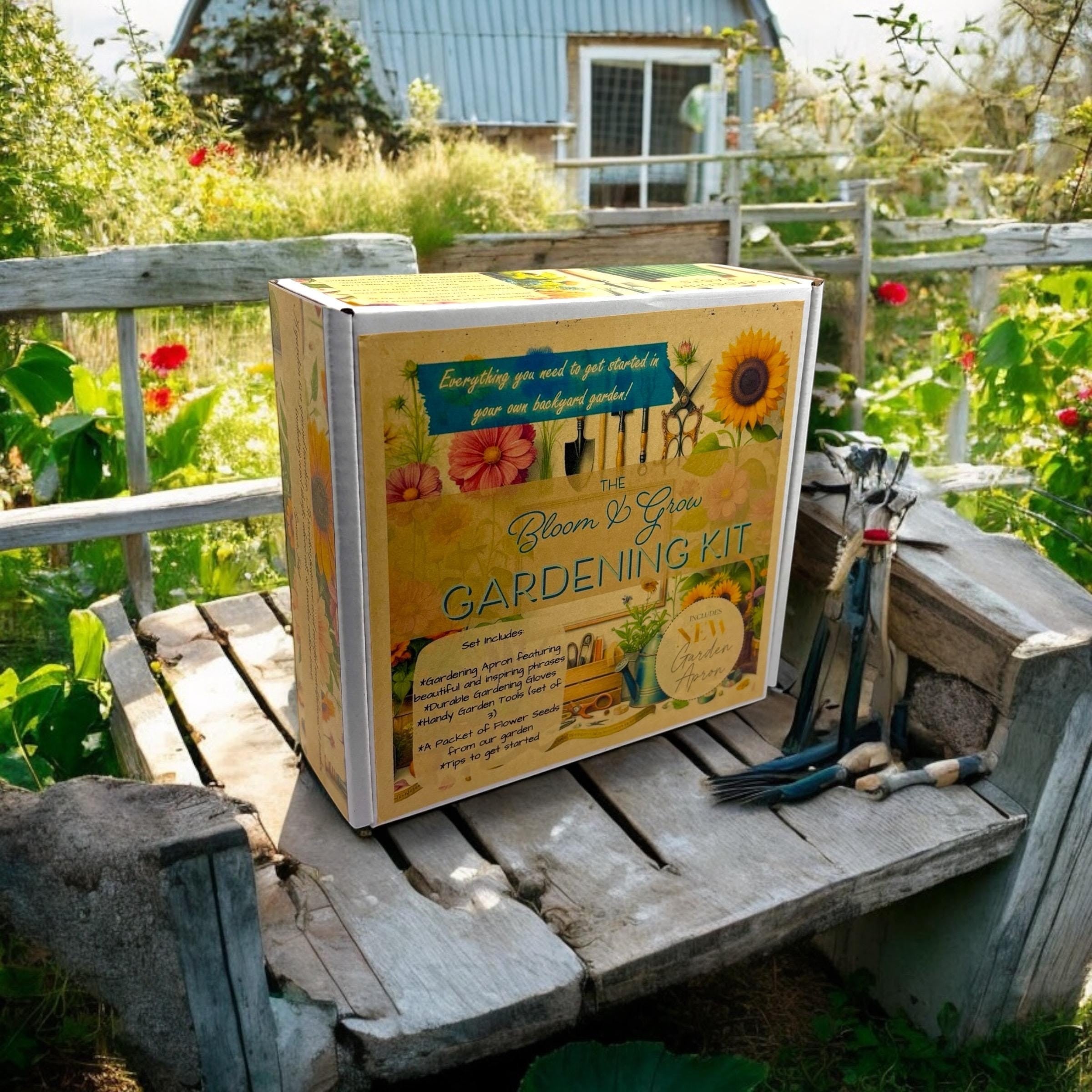 Oh Canada Gifts Spring Garden Starter Kit box with gardening tools on a rustic wooden bench in a sunny garden.