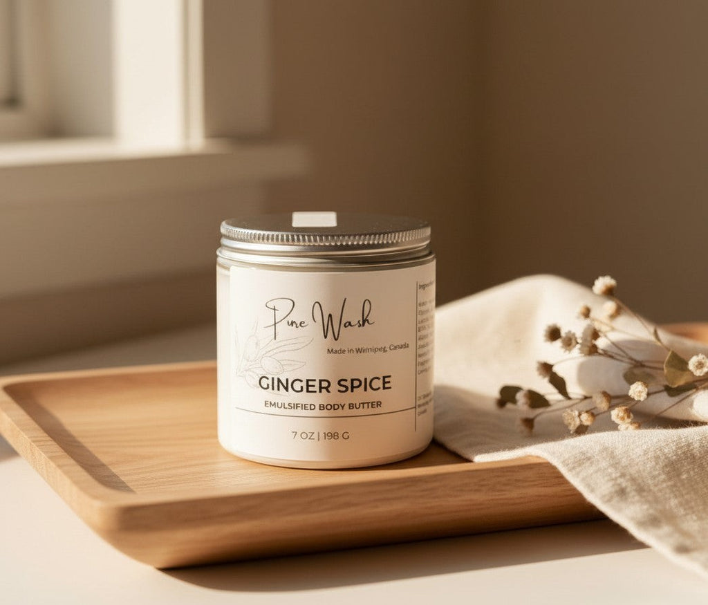 Oh Canada Gifts Ginger Spice whipped body butter in a glass jar on a wooden tray with dried flowers.