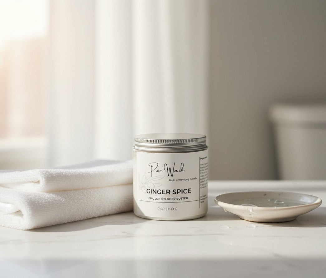Oh Canada Gifts Ginger Spice whipped body sugar scrub in a glass jar with a white towel on a bright bathroom counter.