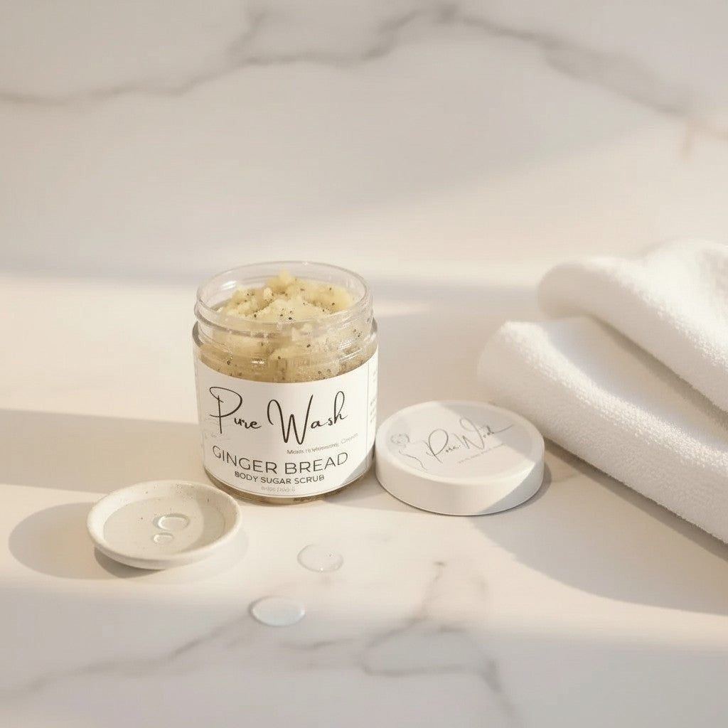 Oh Canada Gifts Gingerbread whipped body sugar scrub in a clear jar with a white lid next to a folded towel