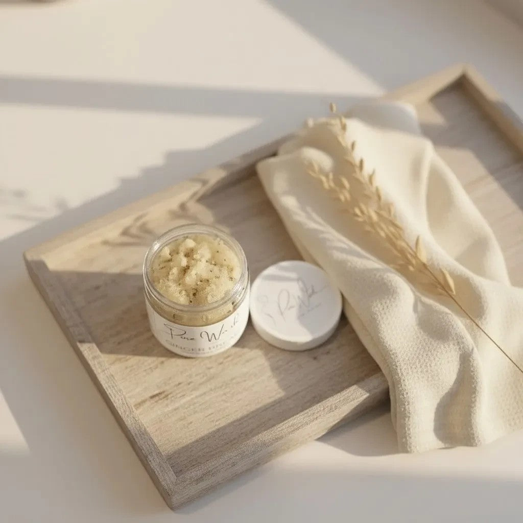 Oh Canada Gifts whipped gingerbread body sugar scrub in a small jar on a wooden tray with a cloth and dried wheat.