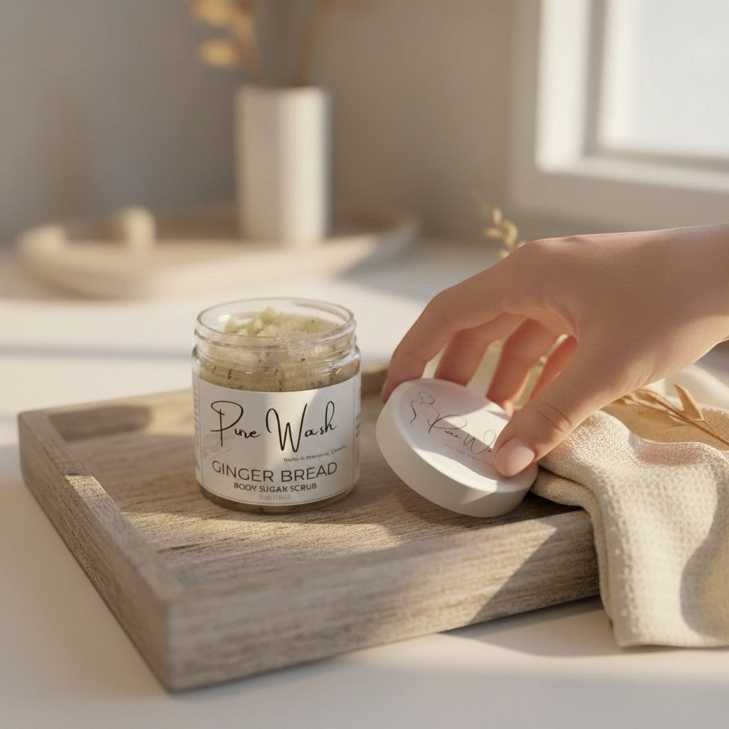 Oh Canada Gifts Gingerbread whipped body sugar scrub in a glass jar on a wooden tray with a hand opening the lid.