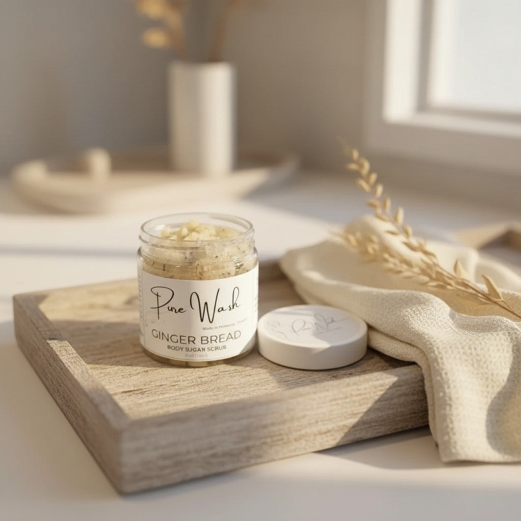 Oh Canada Gifts Gingerbread whipped body sugar scrub in a glass jar on a wooden tray with a cloth and dried wheat.