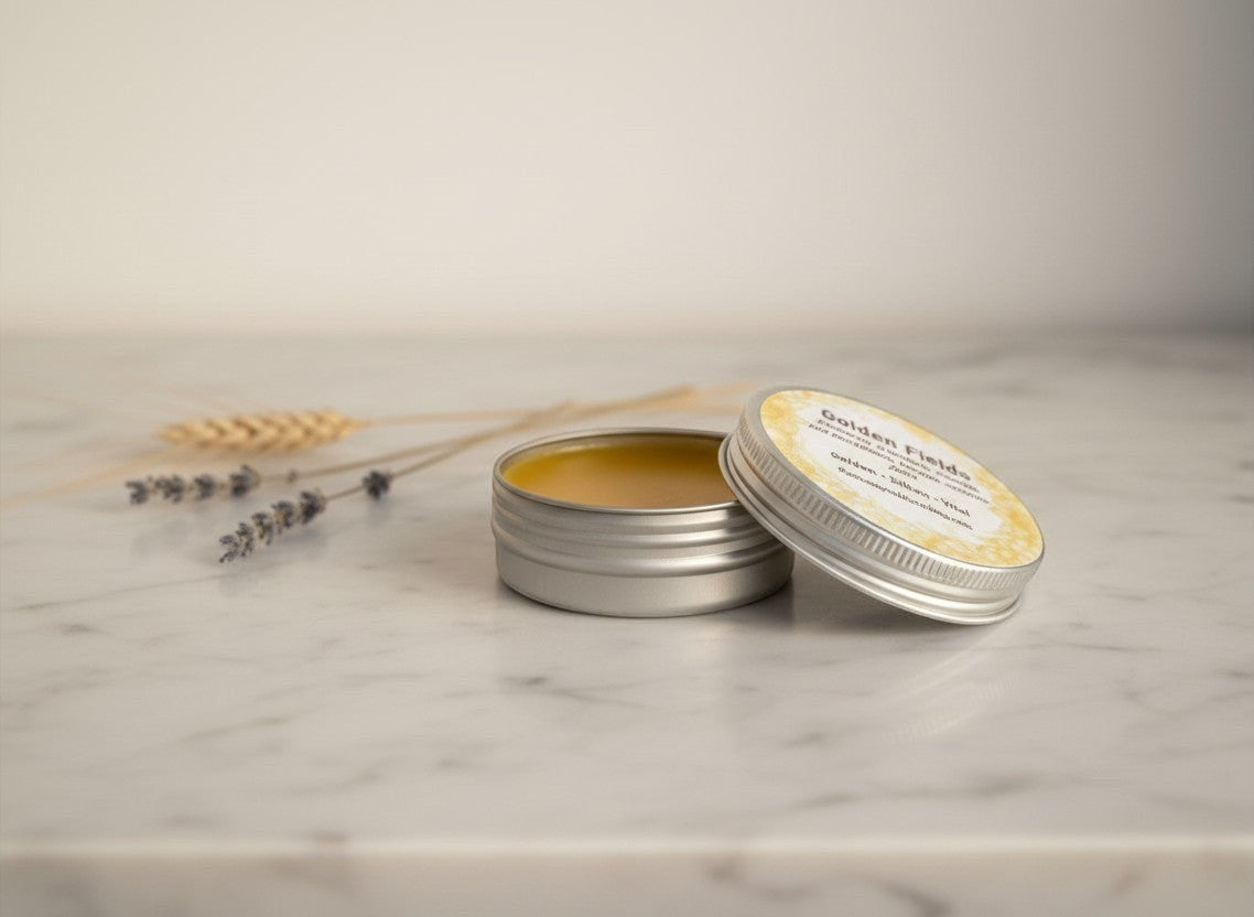 Oh Canada Gifts Golden Fields skin salve in a small metal tin with a golden herbal balm on a marble surface.