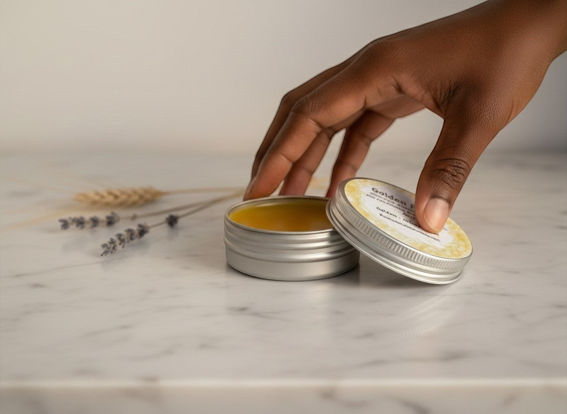 Oh Canada Gifts Golden Fields herbal skin salve in a metal tin being opened by a hand on a marble surface.