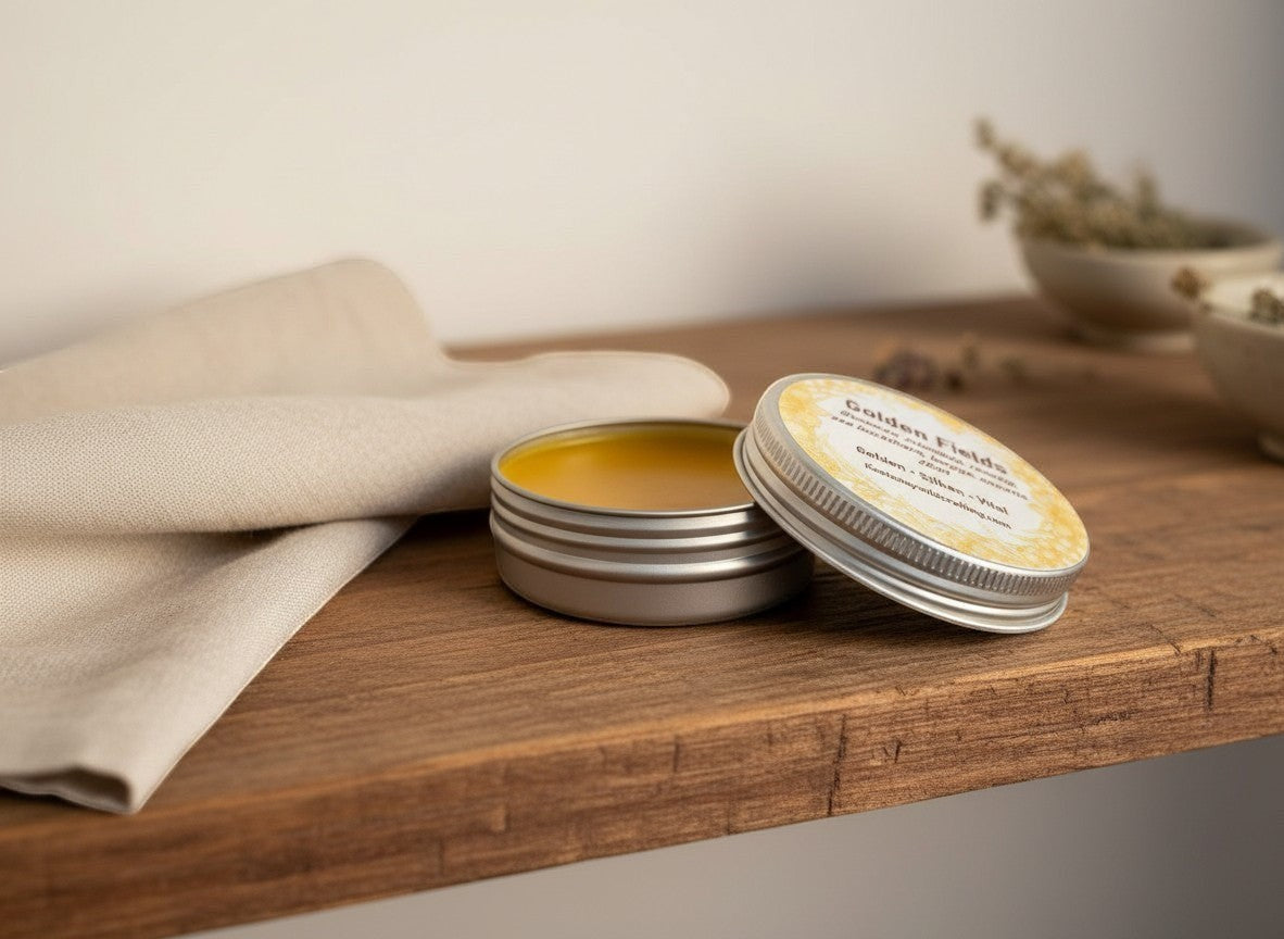 Oh Canada Gifts Golden Fields herbal skin salve in a metal tin with lid open on a wooden shelf with linen cloth.