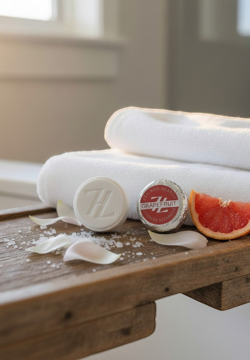 Oh Canada Gifts Zen & Hearth grapefruit shower steamers with a fresh citrus slice and white towel on a wooden tray.