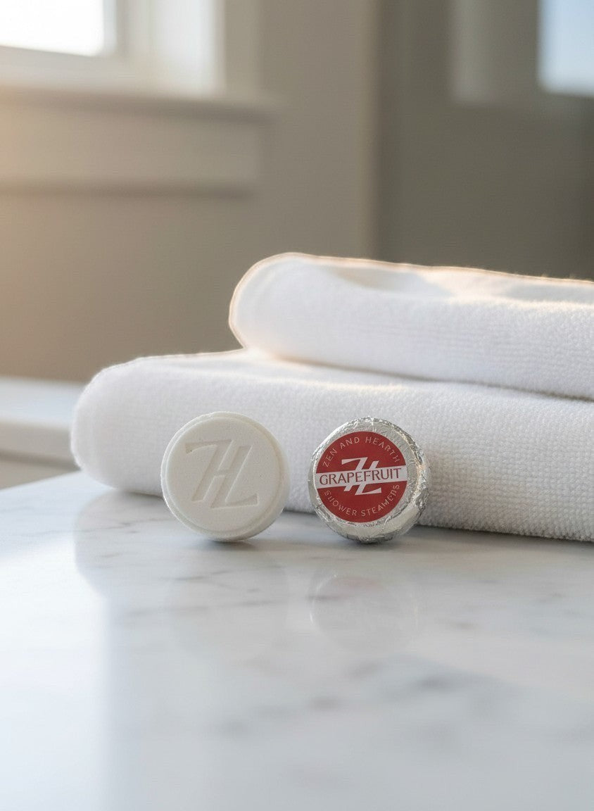 Oh Canada Gifts Zen & Hearth grapefruit shower steamers, one unwrapped and one in foil, on a white towel.