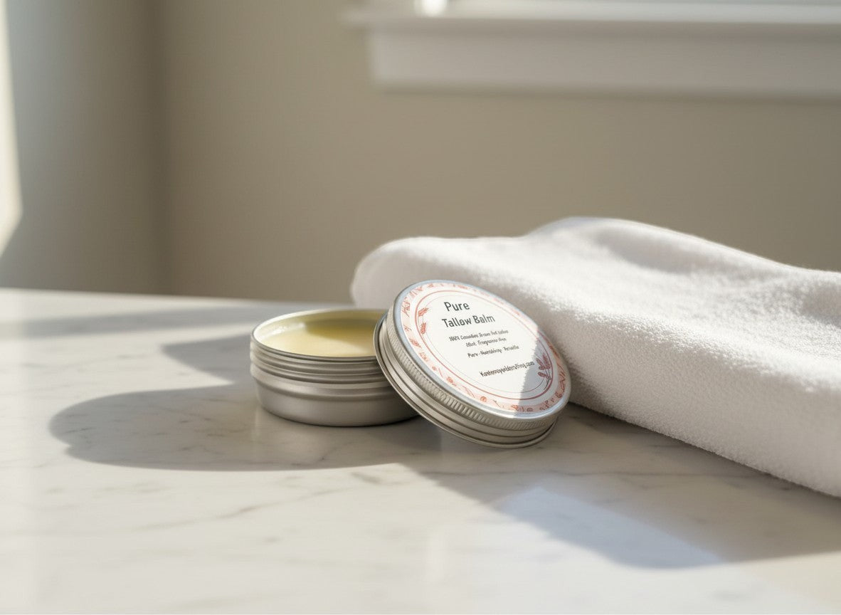 Oh Canada Gifts pure grass-fed Canadian tallow balm in a silver metal tin next to a white towel on a marble surface