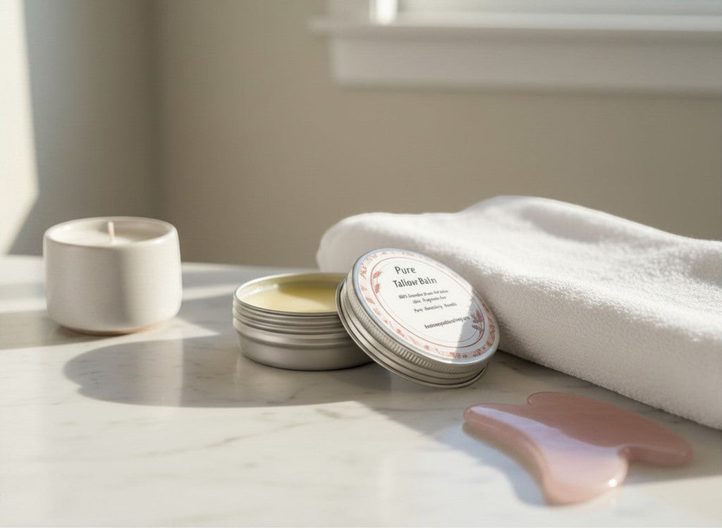 Oh Canada Gifts pure grass-fed Canadian tallow balm in a silver tin on a marble surface with a white towel and tool.