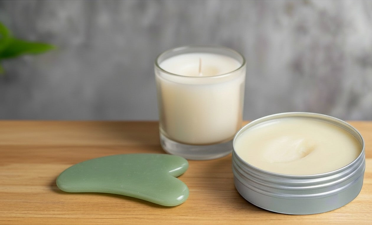 Oh Canada Gifts grass-fed tallow balm in a silver tin next to a green jade gua sha tool and a white candle on wood.
