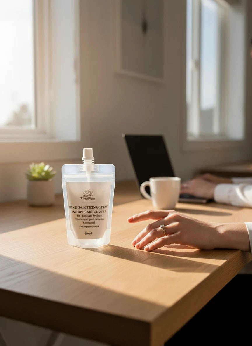 Oh Canada Gifts hand sanitizer refill pouch on a wooden desk with a person working in the background.
