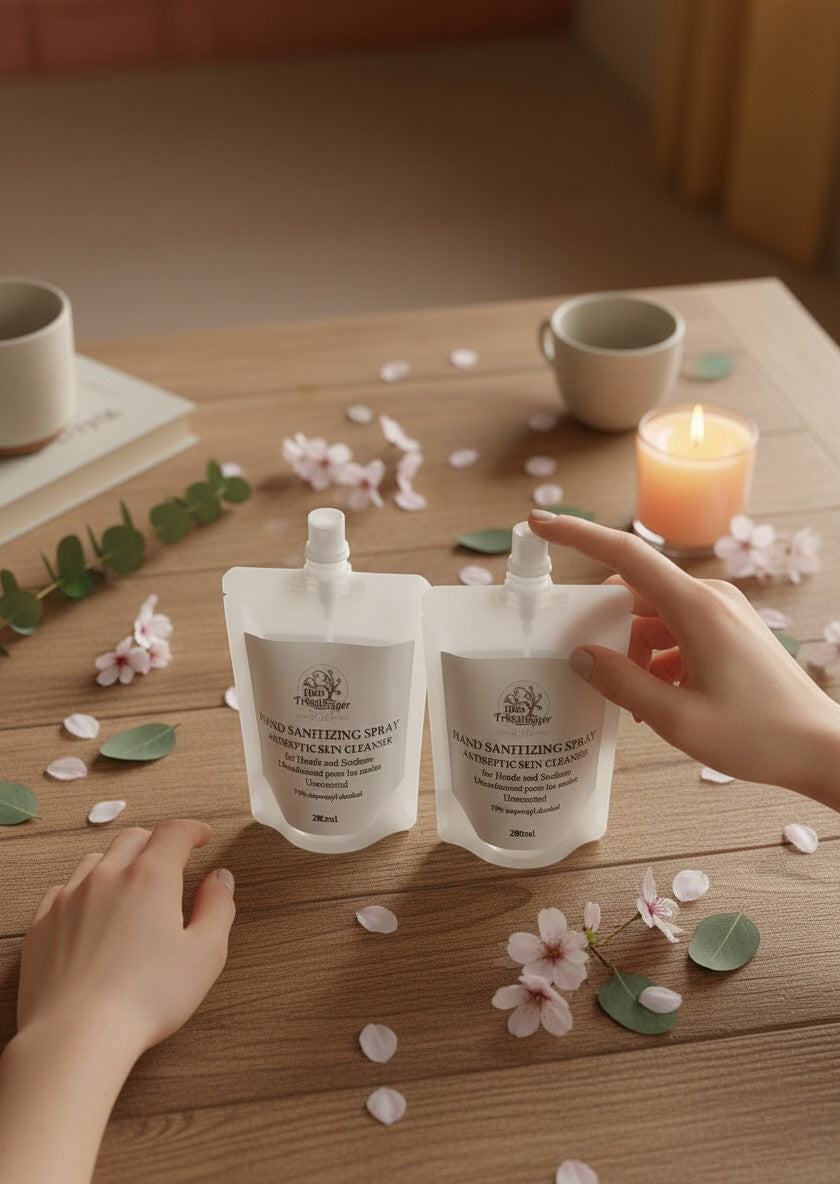 Oh Canada Gifts hand sanitizer refill pouches on a wooden table with a candle and flower petals.