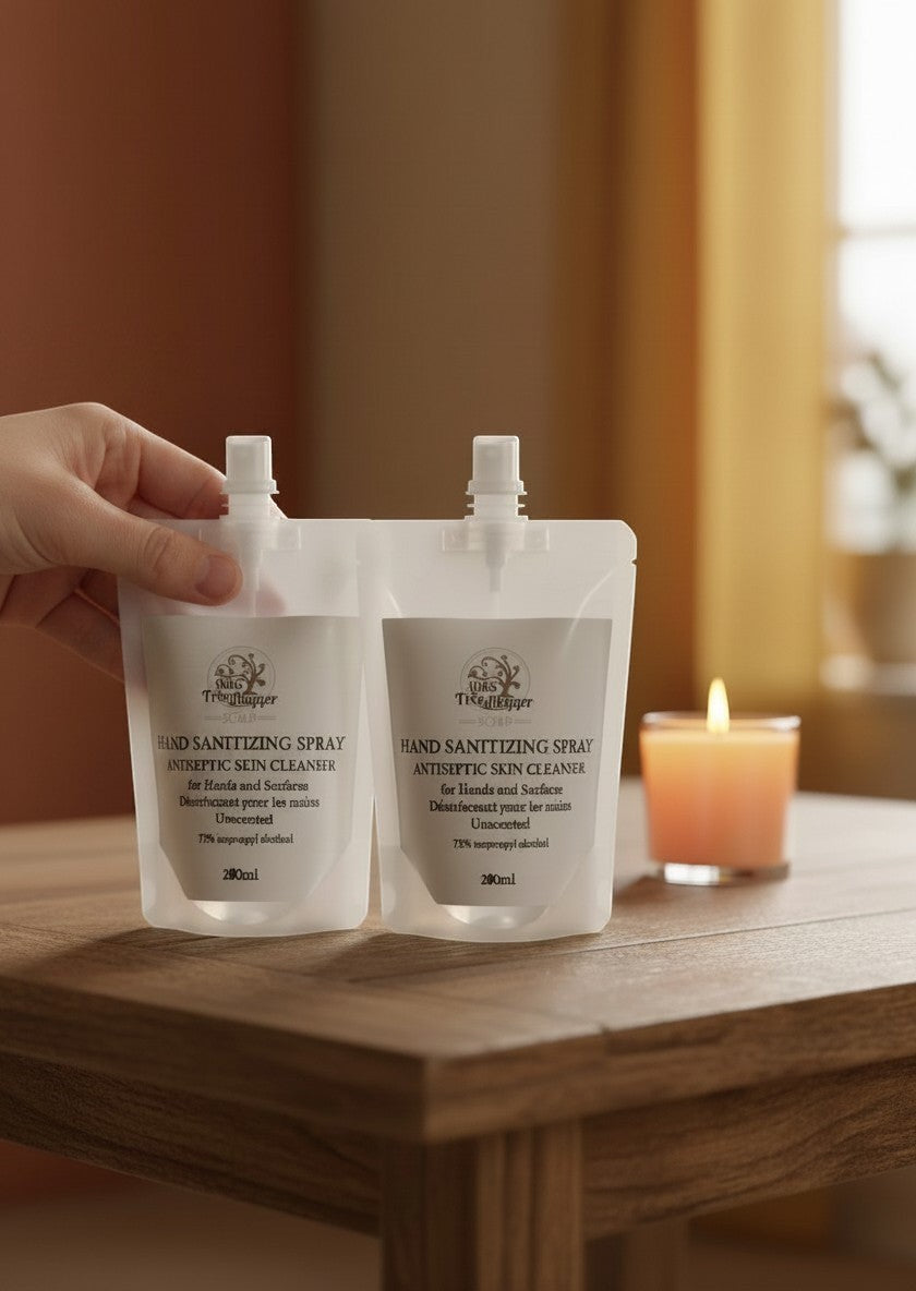 Oh Canada Gifts hand sanitizer refill pouches on a wooden table with a candle, featuring a 75% alcohol formula.