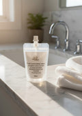 Oh Canada Gifts hand sanitizer refill pouch on a marble bathroom counter next to a white towel.