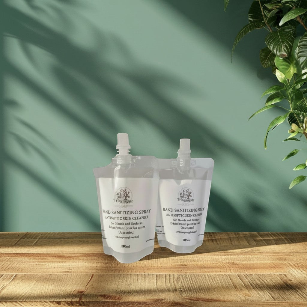 Oh Canada Gifts hand sanitizer refill pouches on a wooden table against a green background.